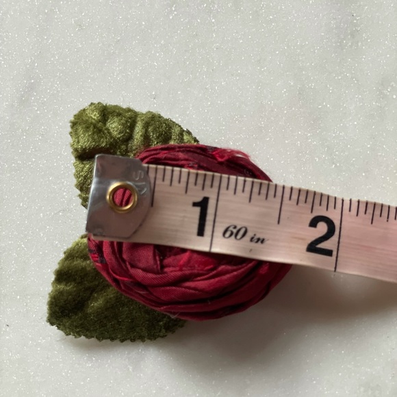 Red Dupioni Silk Rose & Velvet Leaf Hair Clip - Picture 8 of 9